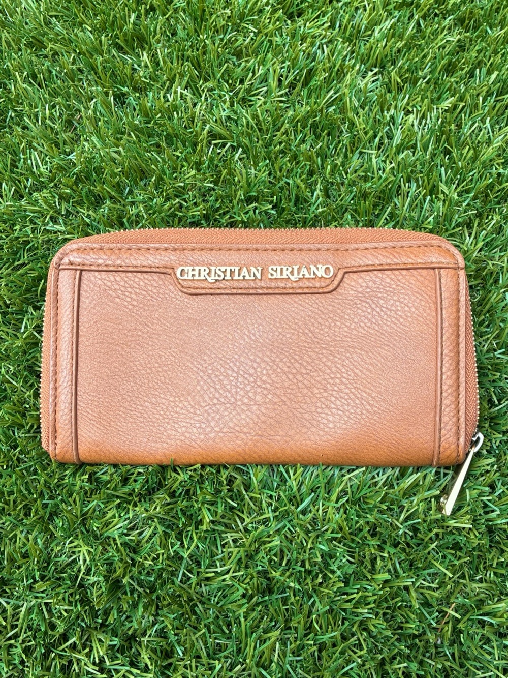 Christian Siriano Cognac Brown Leather Zip Wallet with Gold Logo